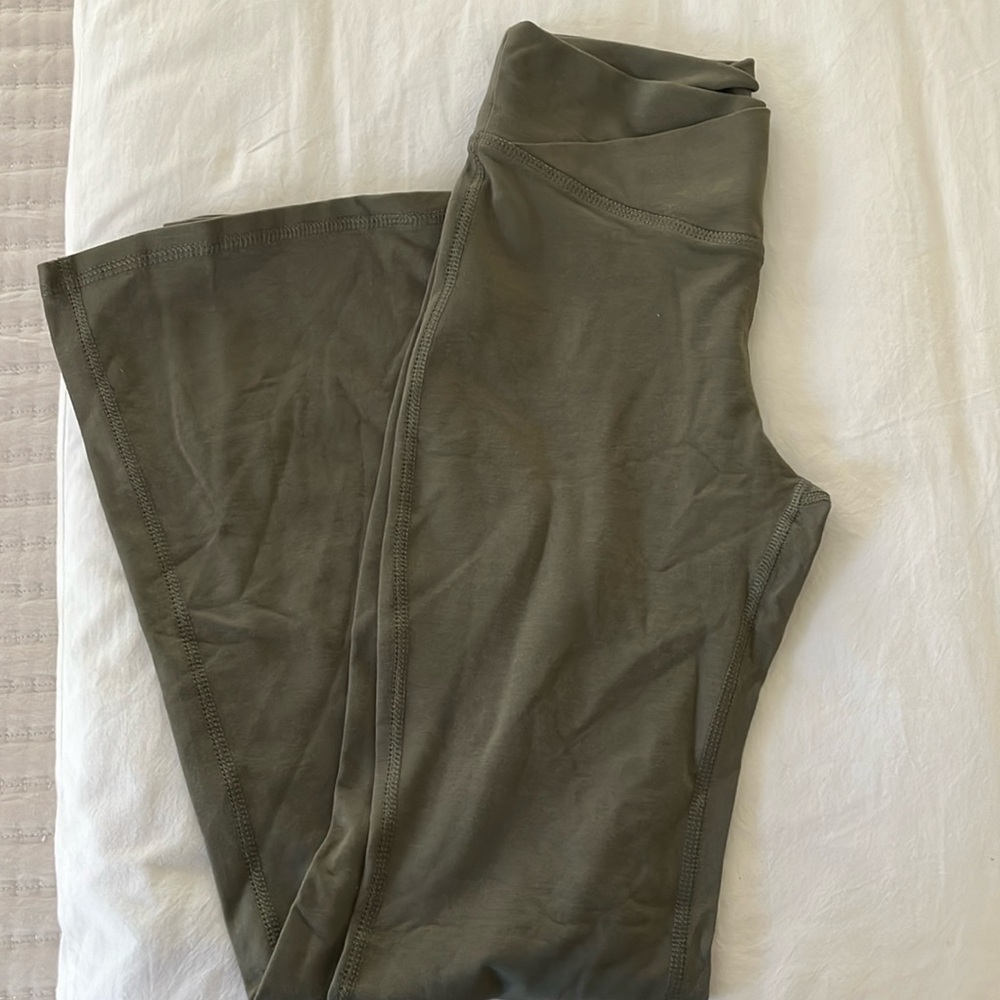 Old navy leggings. Crossed waist line and flared leg.